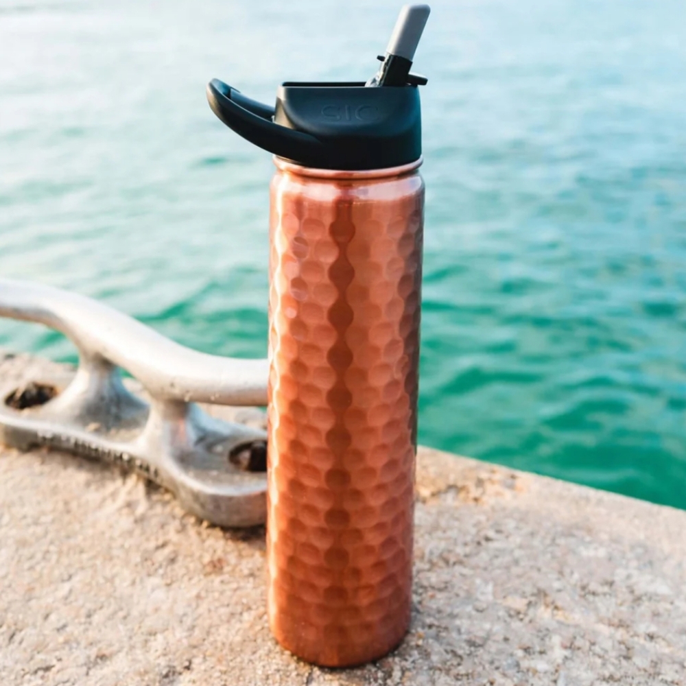 SIC Cups Luxe Copper Hammered Textured Travel Water Bottle with Handle
